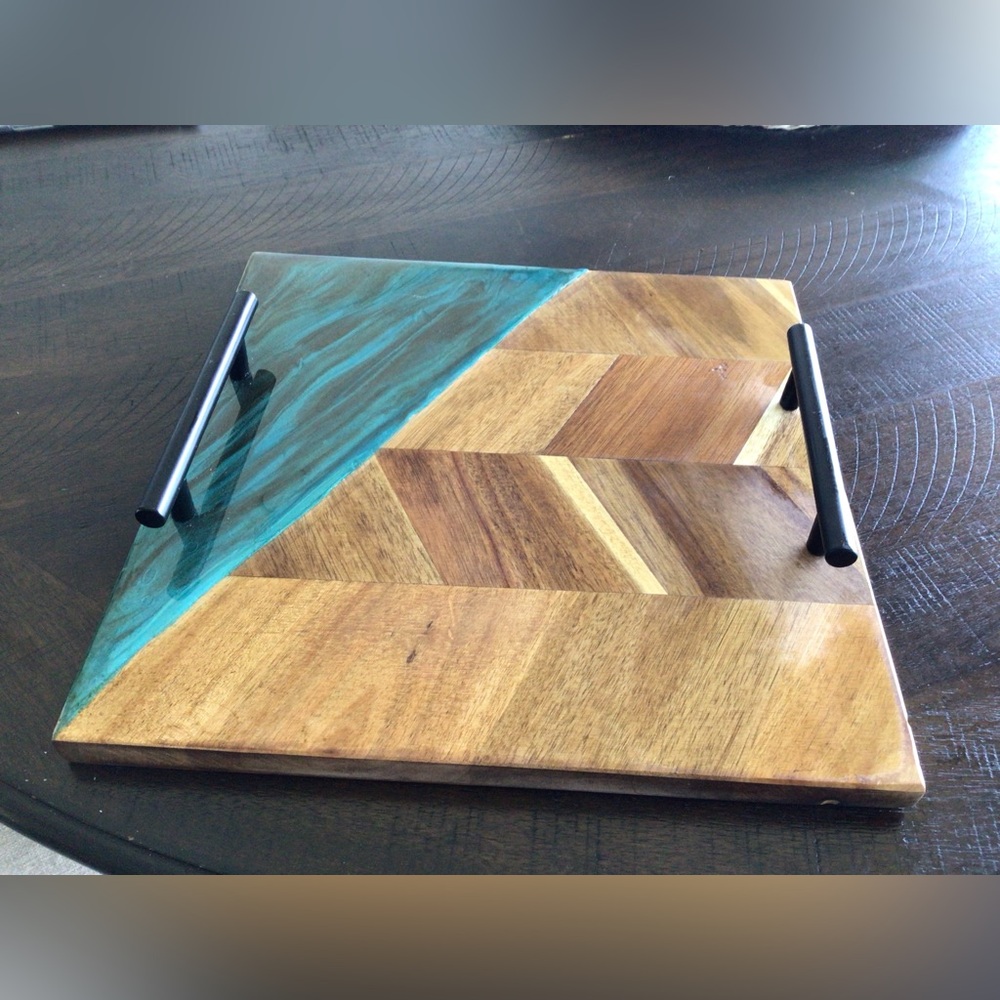 Wood and Resin Geometric Tray with Black Handles